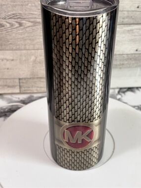 Metallic Snake-Print Travel Tumbler with Pink MK Emblem
